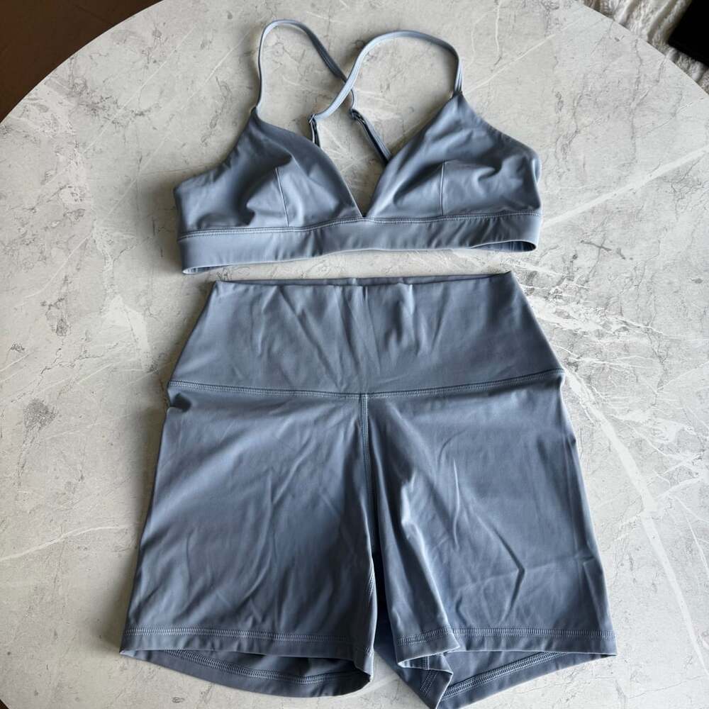 Crz Yoga - dusty blue - adjustable sports bra & 4” butterluxe biker shorts set